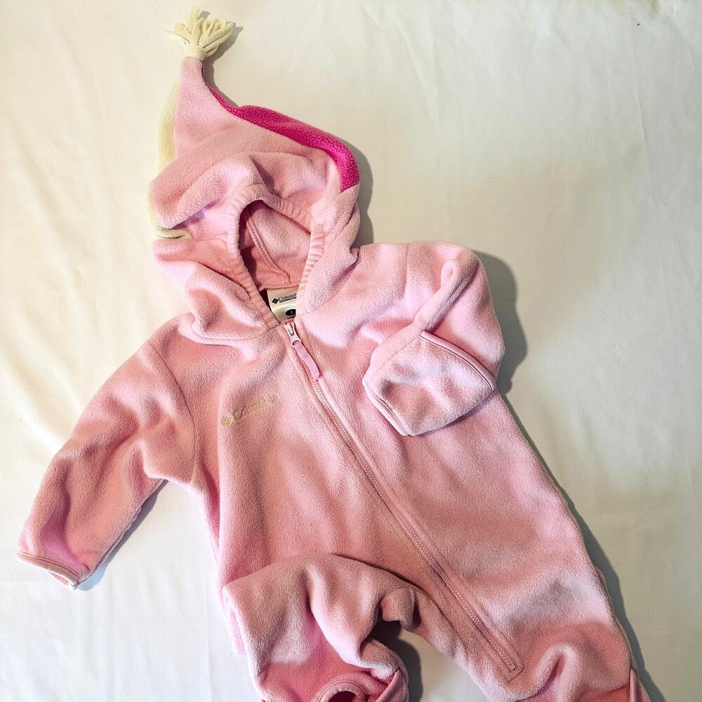 Columbia Pink Winter Zip Up Winter Fleece Bunting w/ Sock Hat Tassel Sz 6 mo